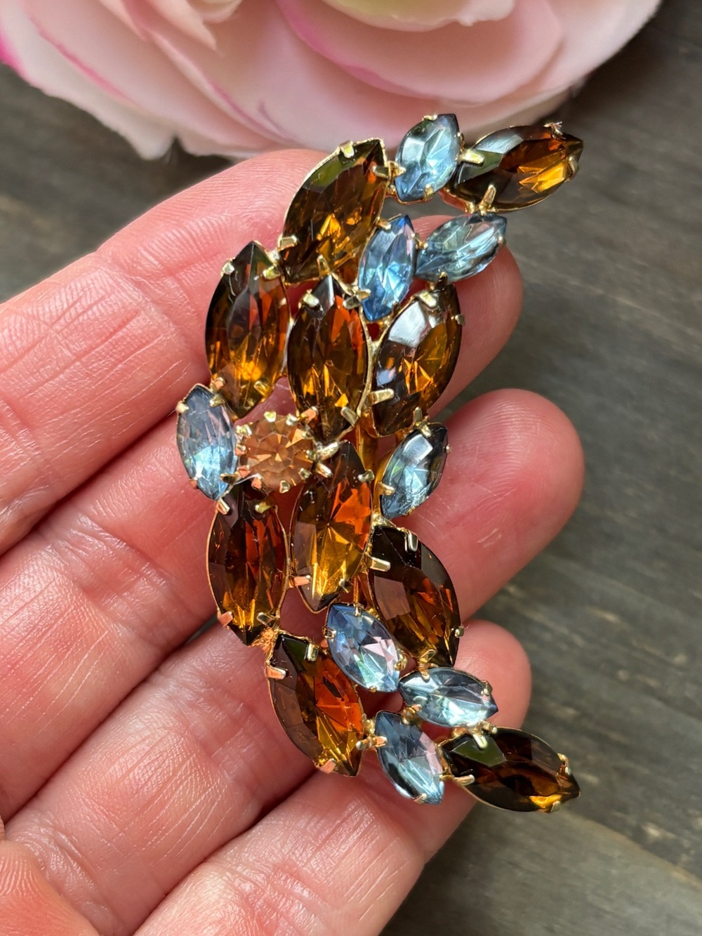 Vintage Brown and Light Blue Crystal Leaf Brooch